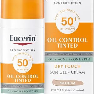 Eucerin Face Sunscreen Oil Control Tinted Gel-Cream Dry Touch, High UVA/UVB Protection, SPF 50+, Color Pigments for Dual Effect, Immediately Covers Skin Imperfections, For Oily Acne-Prone Skin, 50ml